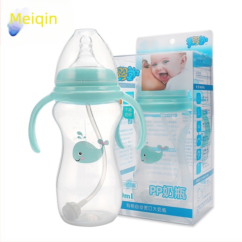 Meiyingtang Μπιμπερό νεογέννητου με λαβή, PP, ευρύ λαιμό, καμπύλη μορφή, με εκτυπωμένο λογότυπο