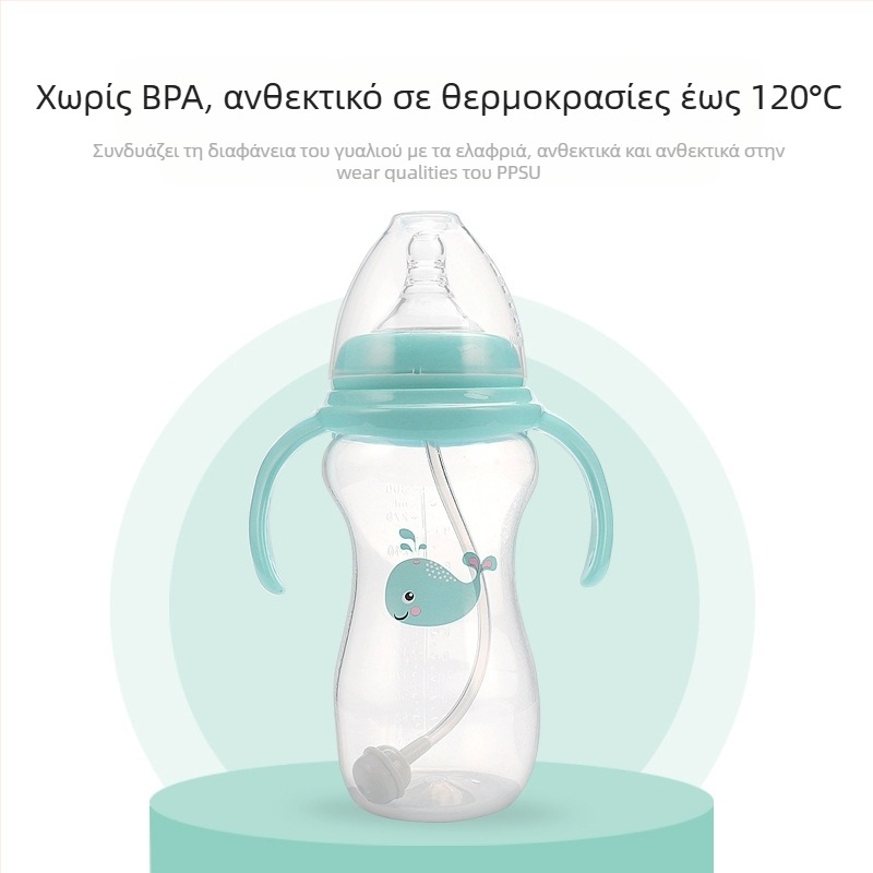 Meiyingtang Μπιμπερό νεογέννητου με λαβή, PP, ευρύ λαιμό, καμπύλη μορφή, με εκτυπωμένο λογότυπο