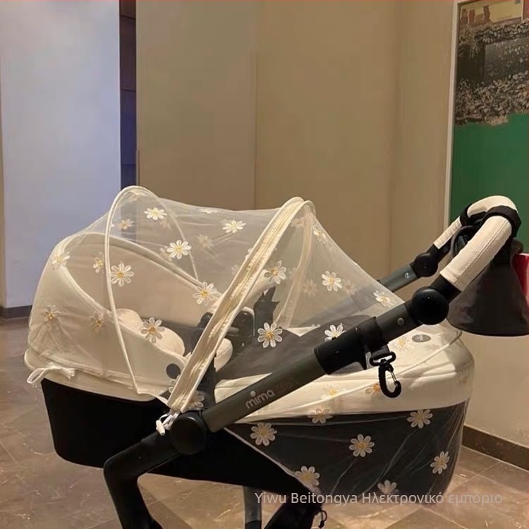 Δίκτυο κατά των κουνουπιών για καρότσι μωρού, άνοιξη-καλοκαίρι, πολυεστέρας, ατσάλινος σκελετός, χωρίς εγκατάσταση, κέντημα μαργαρίτας
