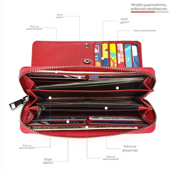 Γυναικείος μακρύς πορτοφόλι - γνήσιο δέρμα από πρώτο στρώμα, σταθερό σχέδιο, ανθεκτικό στη φθορά, επένδυση πολυεστέρα-βαμβάκι