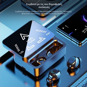 M48pro Bluetooth ακουστικά, διπλά στερεο με φινίρισμα καθρέφτη και ολισθαίνουσα οθόνη, Bluetooth 5.0, ψηφιακή οθόνη, εμβέλεια έως 10 μ, IPX4 αδιάβροχο, διάρκεια μπαταρίας 4–8 ώρες.