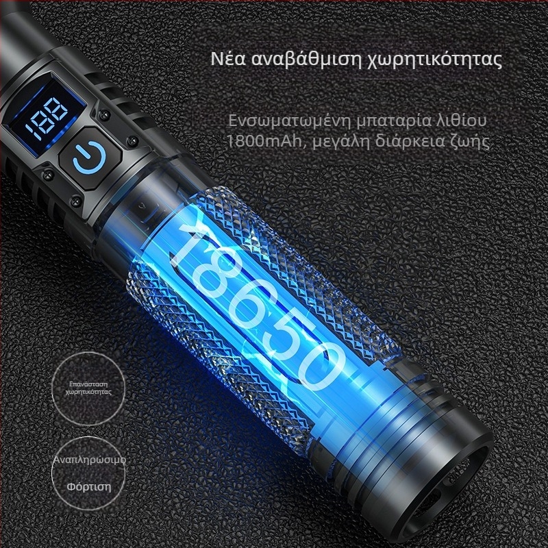 Φακός LED, 10W, επαναφορτιζόμενη μπαταρία 1800 mAh, αδιάβροχος, ψηφιακή οθόνη, οπτικό ζουμ