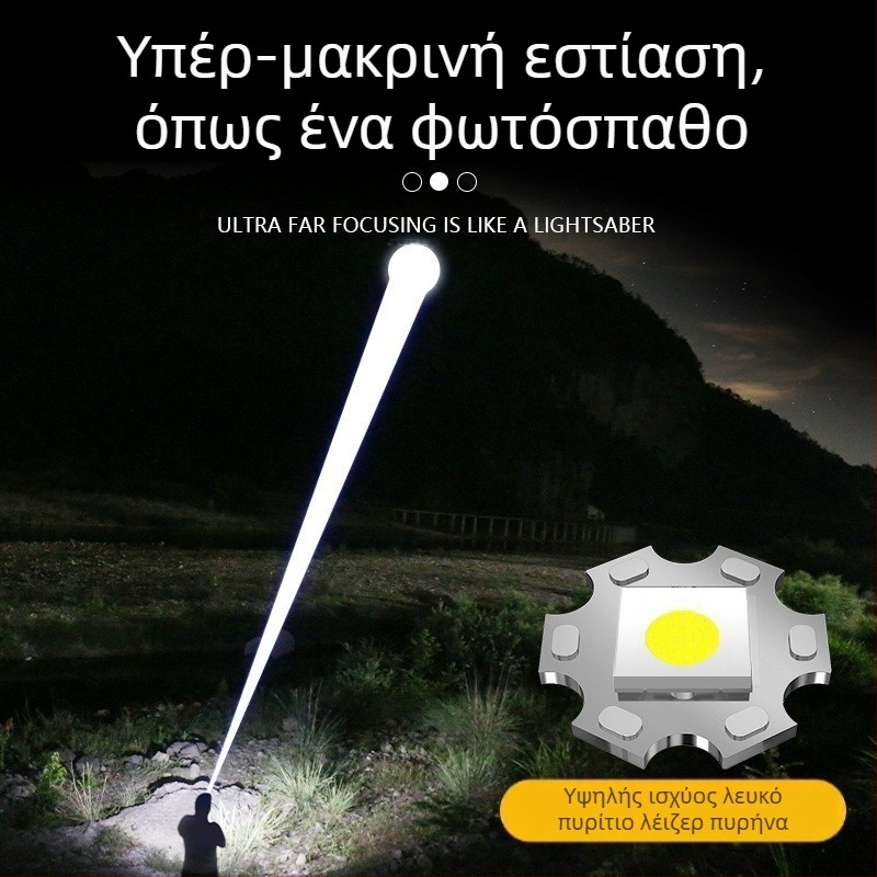 Φακός LED, 10W, επαναφορτιζόμενη μπαταρία 1800 mAh, αδιάβροχος, ψηφιακή οθόνη, οπτικό ζουμ