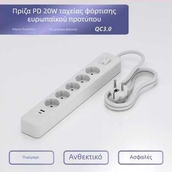 PD20 Μακρύ πολύπριζο με ευρωπαϊκό πρότυπο 16A, γερμανική πρίζα, διπλός διακόπτης, USB θύρα и προστασία από υπερφόρτωση, 5V/3A