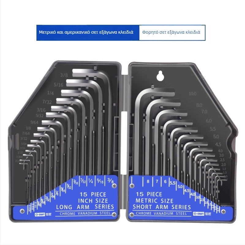 Σετ Allen κλειδιών εξάγωνης κεφαλής World Craftsman από χρωμιοβάνadium ατσάλι, μαύρο οξείδωμα, μακρυές κεφαλές, 30 τεμάχια, μετρικές και ιντσικές διαστάσεις