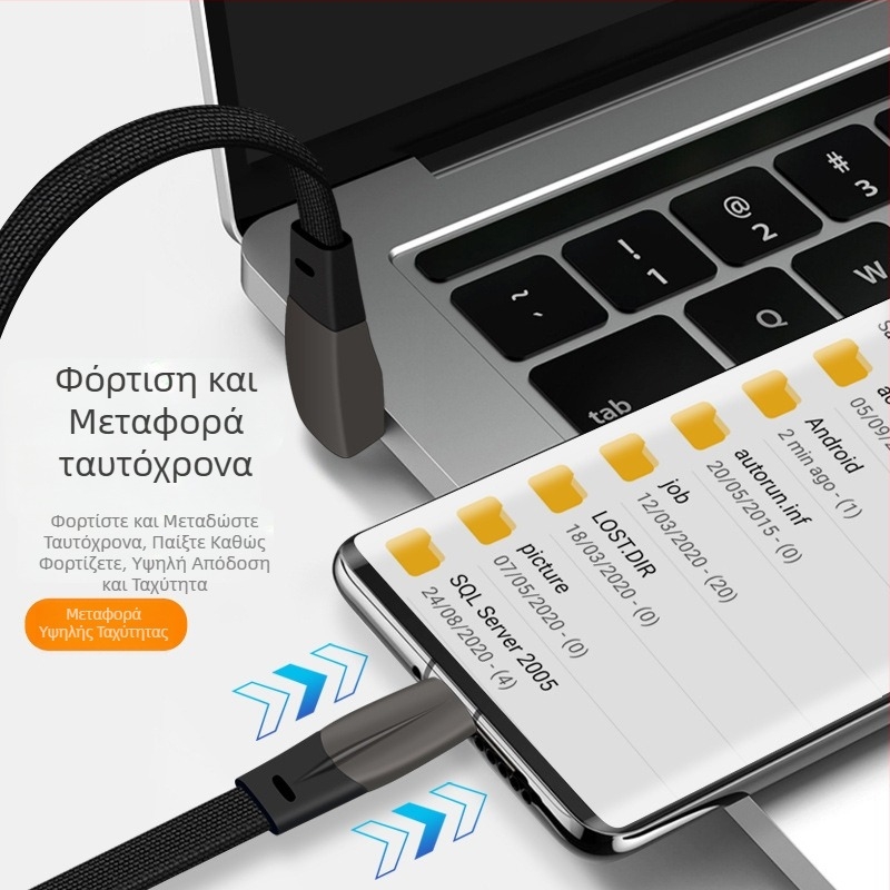 Καλώδιο δεδομένων USB-C αυτοκινήτου με γωνιακό σχεδιασμό, διπλή κεφαλή, επίπεδο καλώδιο, γρήγορη φόρτιση