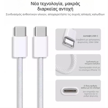 Καλώδιο USB-C πλεκτό, USB-C σε USB-C, μήκος 0,3–2,5 μ., μέγιστο 100W, γρήγορη φόρτιση