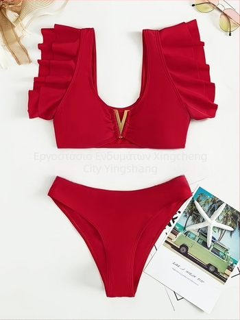 Γυναικείο μπικίνι υψηλής μέσης — μονόχρωμο, βαθύ V, ανοιχτή πλάτη, στενή εφαρμογή, με μαξιλαράκια στήθους; νάιλον 80/20 ύφασμα, επένδυση πολυεστέρα 80/20