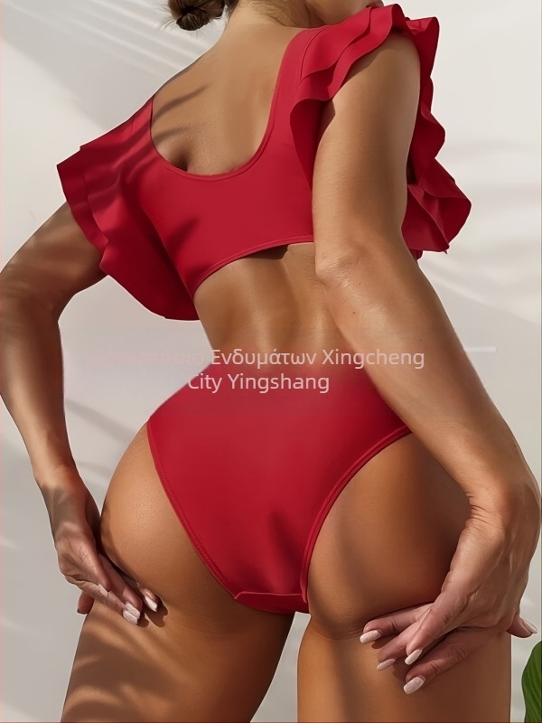 Γυναικείο μπικίνι υψηλής μέσης — μονόχρωμο, βαθύ V, ανοιχτή πλάτη, στενή εφαρμογή, με μαξιλαράκια στήθους; νάιλον 80/20 ύφασμα, επένδυση πολυεστέρα 80/20