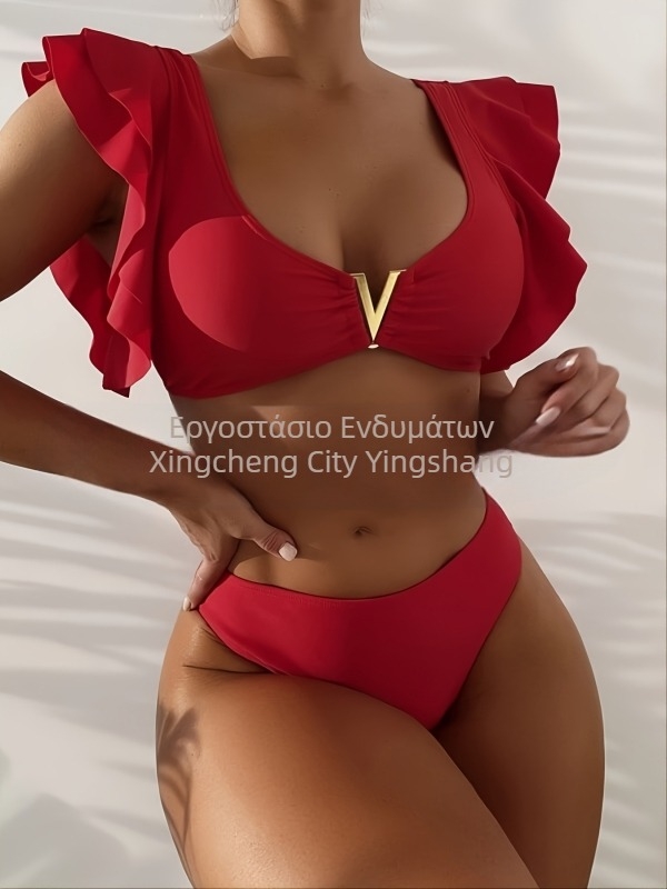 Γυναικείο μπικίνι υψηλής μέσης — μονόχρωμο, βαθύ V, ανοιχτή πλάτη, στενή εφαρμογή, με μαξιλαράκια στήθους; νάιλον 80/20 ύφασμα, επένδυση πολυεστέρα 80/20