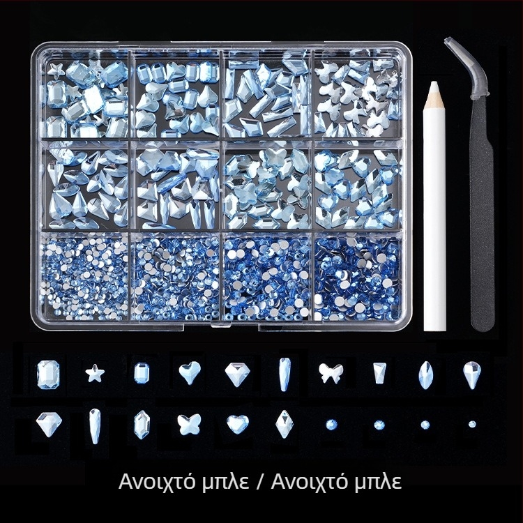 Jane Workshop σειρά Princess, κουτί κρυστάλλων νυχιών από γυαλί με 12 θήκες, επίπεδη βάση, σχέδια πεταλούδα, σελήνη, σταγόνα νερού, αστέρια