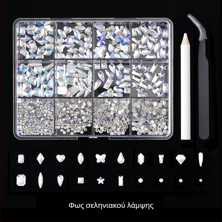 Jane Workshop σειρά Princess, κουτί κρυστάλλων νυχιών από γυαλί με 12 θήκες, επίπεδη βάση, σχέδια πεταλούδα, σελήνη, σταγόνα νερού, αστέρια