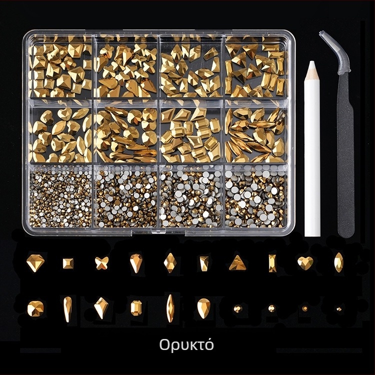 Jane Workshop σειρά Princess, κουτί κρυστάλλων νυχιών από γυαλί με 12 θήκες, επίπεδη βάση, σχέδια πεταλούδα, σελήνη, σταγόνα νερού, αστέρια