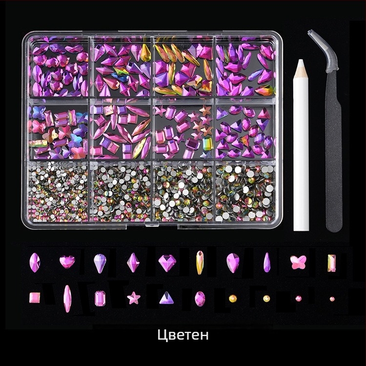 Jane Workshop σειρά Princess, κουτί κρυστάλλων νυχιών από γυαλί με 12 θήκες, επίπεδη βάση, σχέδια πεταλούδα, σελήνη, σταγόνα νερού, αστέρια