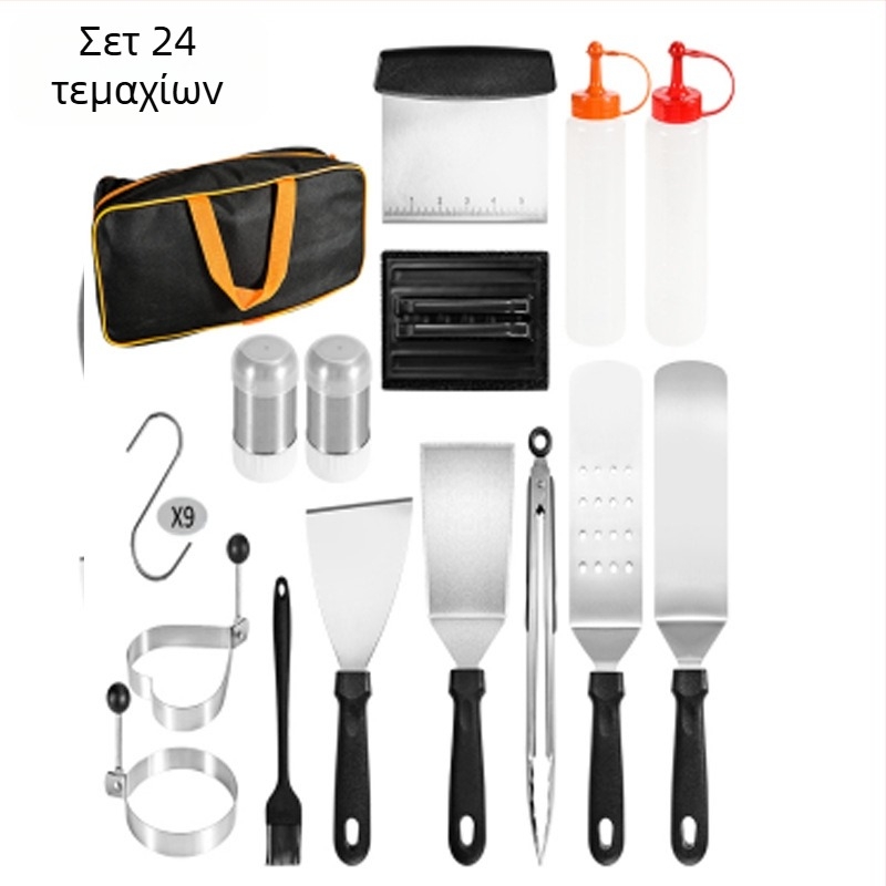 18 τεμάχια σετ εργαλείων μπάρμπεκιου από ανοξείδωτο ατσάλι με ξύλινες λαβές για εξωτερικό teppanyaki γκριλ – περιλαμβάνει κλιπς, βούρτσα, πιρούνι και σπατούλα