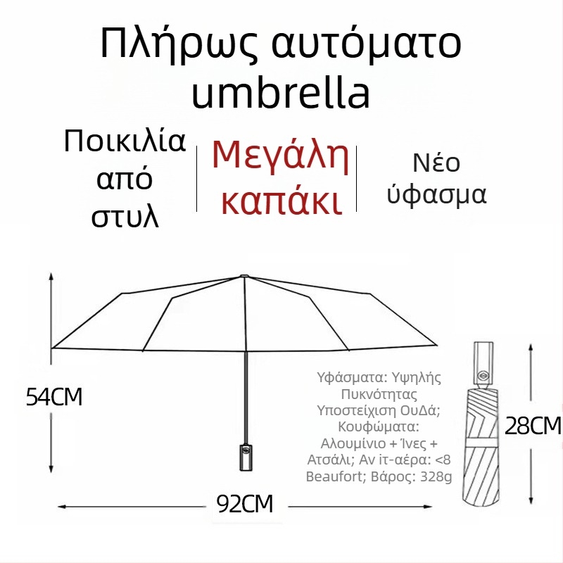 Ομπρέλα ήλιου με 8 ράβδες, ανθεκτική στον άνεμο, τριπλής πτύχωσης, ημι-αυτόματο άνοιγμα και αυτόματο κλείσιμο, ύφασμα 210T, δυνατότητα εκτύπωσης λογοτύπου