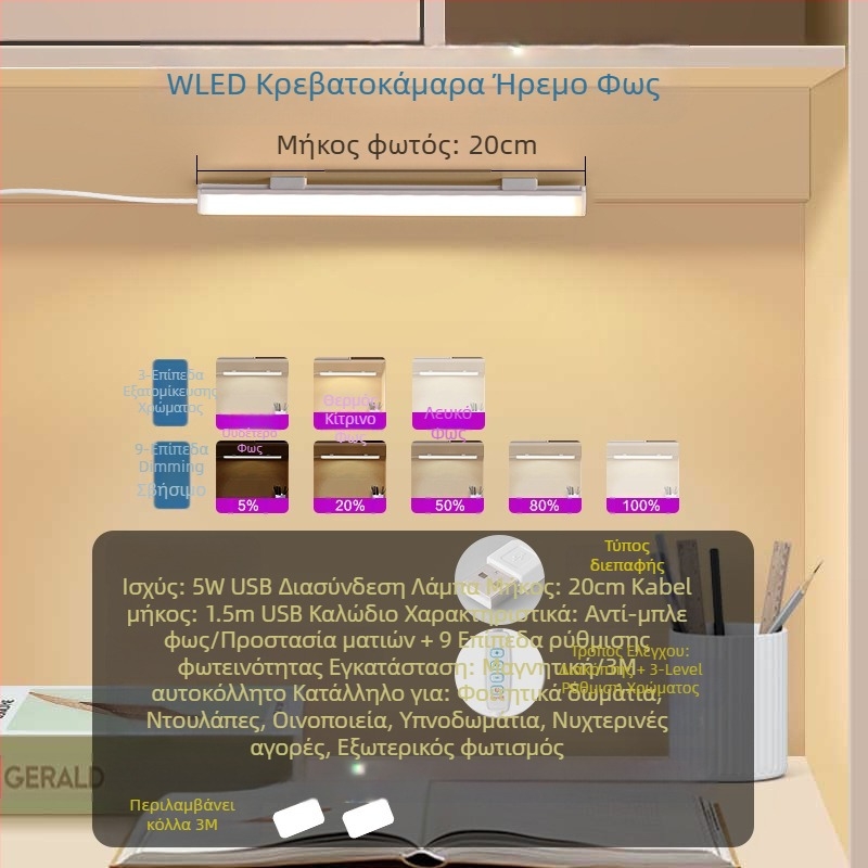 Λαμπα γραφείου με USB τροφοδοσία, διακόπτης κουμπιού, σώμα από PC, ρυθμιζόμενη φωτεινότητα, μοντέρνο μινιμαλιστικό στυλ