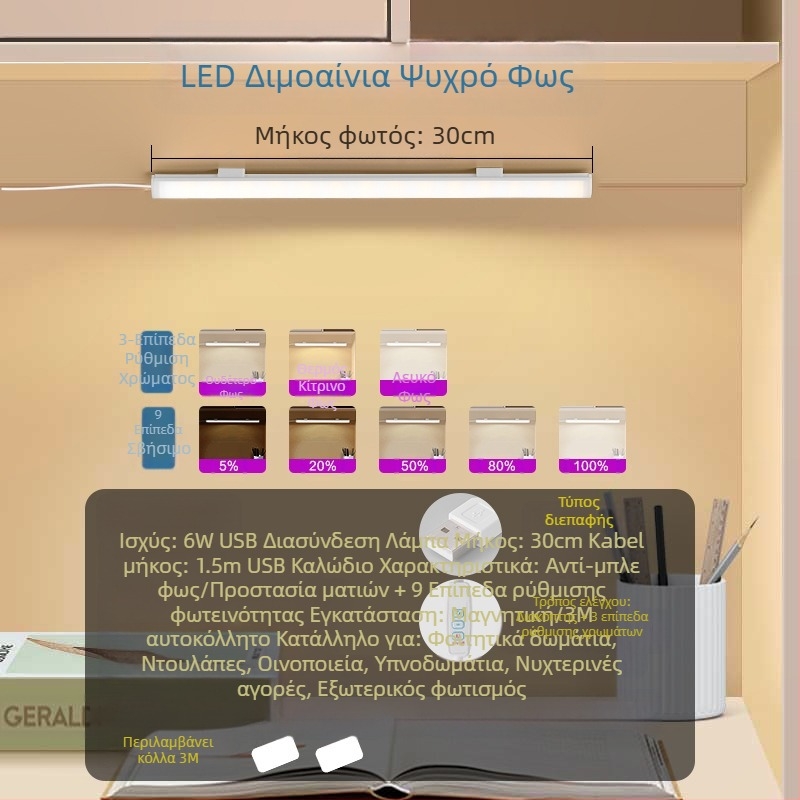 Λαμπα γραφείου με USB τροφοδοσία, διακόπτης κουμπιού, σώμα από PC, ρυθμιζόμενη φωτεινότητα, μοντέρνο μινιμαλιστικό στυλ