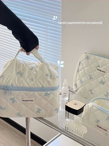 Γυναικεία τσάντα καλλυντικών με φιόγκο – ύφασμα από βαμβάκι, επένδυση πολυεστέρα, μοτίβο φιόγκο, αναπνεόμενη, μεγάλης χωρητικότητας