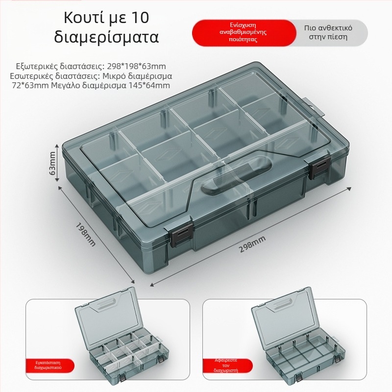 Πλαστικό κουτί εξαρτημάτων με πολυάριθμα διαμερίσματα και παχυνμένες ενισχυμένες θήκες, αποσπώμενοι διαχωριστές για βίδες, τρυπάνια και ηλεκτρονικά εξαρτήματα
