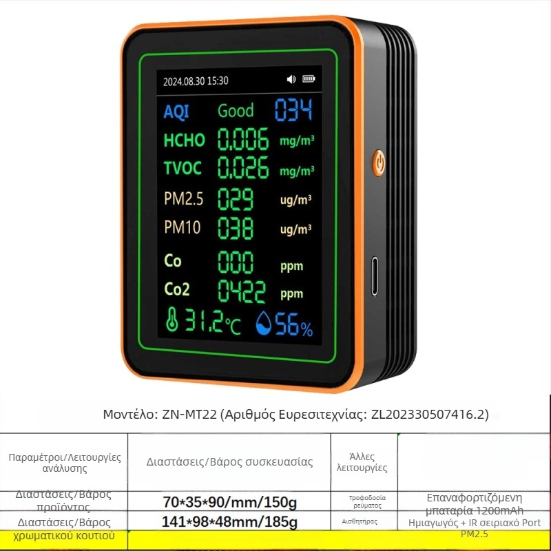 Ανιχνευτής ποιότητας αέρα 15-σε-1: CO2, PM2.5, TVOC, φορμαλδεΰδη, θερμοκρασία & υγρασία, μοντέλο ZN-MT22, εύρος CO2 400-5000 ppm, ακρίβεια 1 ppm, DC 3.7V