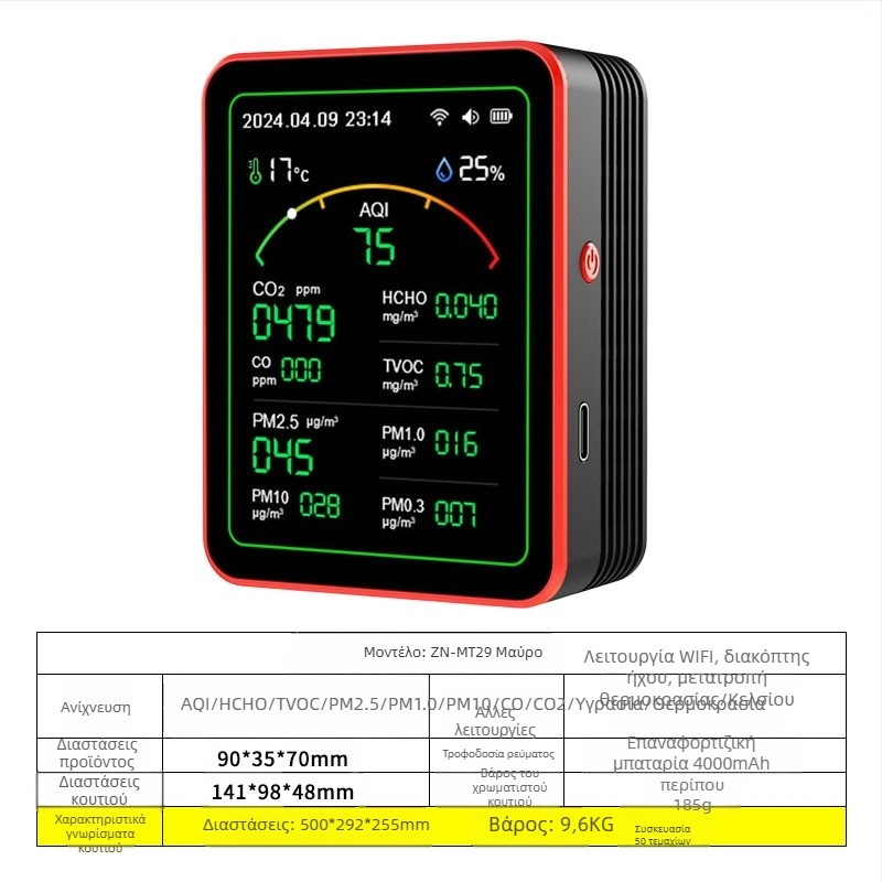 Ανιχνευτής ποιότητας αέρα 15-σε-1: CO2, PM2.5, TVOC, φορμαλδεΰδη, θερμοκρασία & υγρασία, μοντέλο ZN-MT22, εύρος CO2 400-5000 ppm, ακρίβεια 1 ppm, DC 3.7V