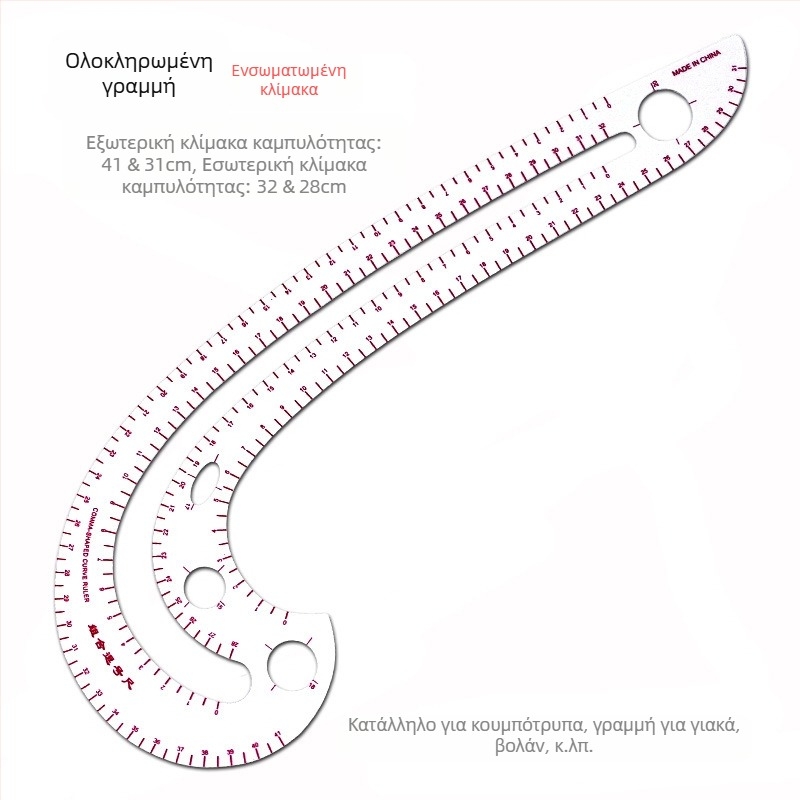 Σετ χαράκτων σχεδίασης ενδύμάτων με ενσωματωμένη κλίμακα, πλαστικό, περιλαμβάνει πλάκα L-σχήματος γωνίας και οδηγούς καμπύλης