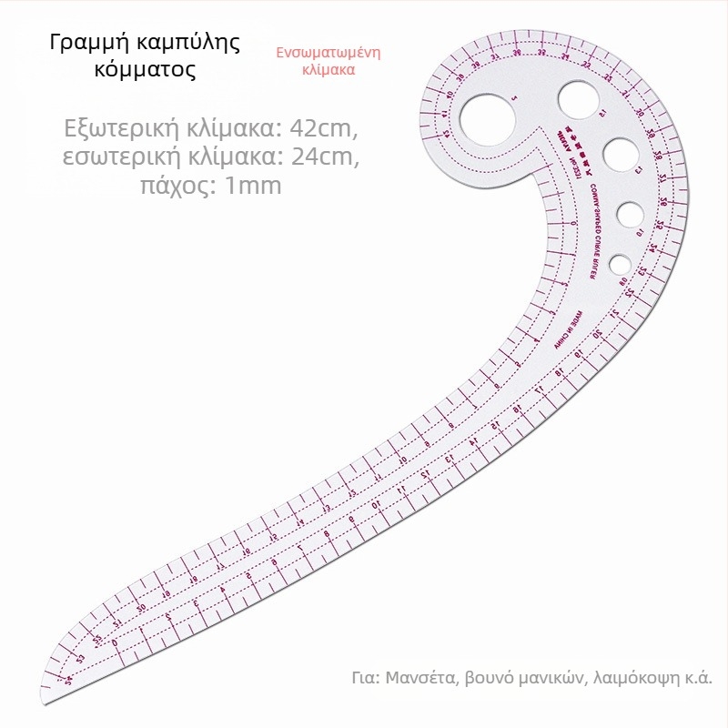 Σετ χαράκτων σχεδίασης ενδύμάτων με ενσωματωμένη κλίμακα, πλαστικό, περιλαμβάνει πλάκα L-σχήματος γωνίας και οδηγούς καμπύλης