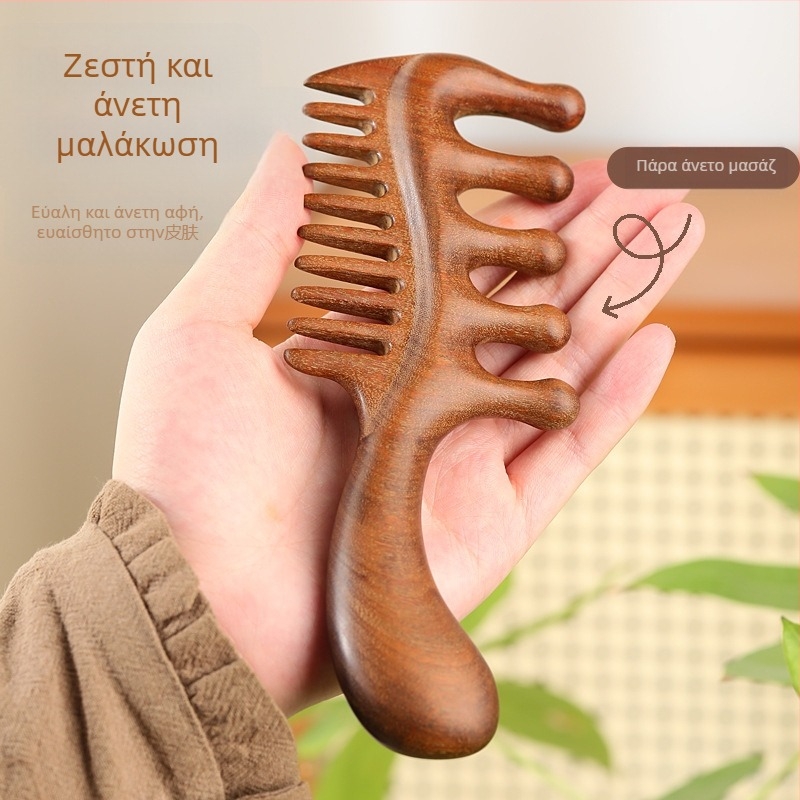 Ξύλινη χτένα από σανταλόξυλο με πέντε δόντια, στρογγυλή κεφαλή, μασάζ με μεσημβρινό για το τριχωτό της κεφαλής