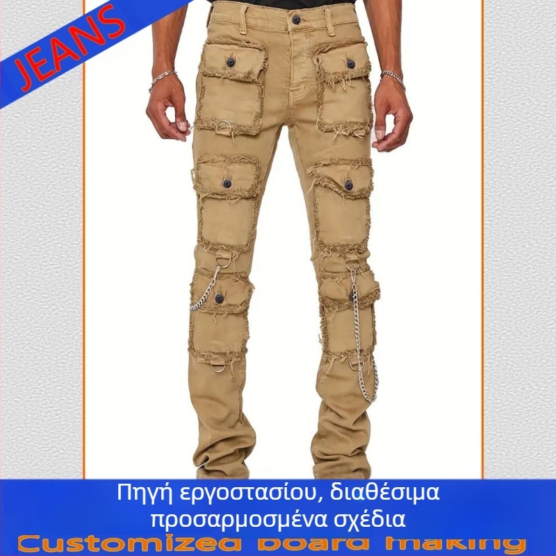 Τζιν από βαμβακερό ντένιμ με στυλ χιπ-χοπ, στενή γραμμή, χαμηλή μέση και φερμουάρ μπροστά