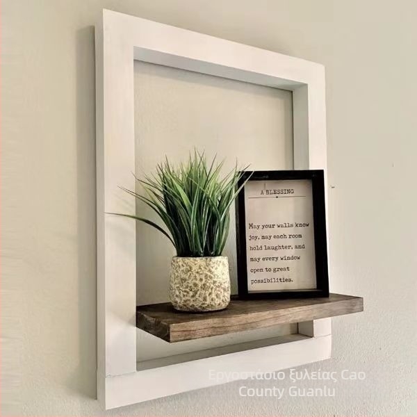 Ξύλινο ράφι αποθήκευσης τοίχου με ορθογώνιο πλαίσιο φωτογραφιών, μοντέρνος μινιμαλιστικός σχεδιασμός.