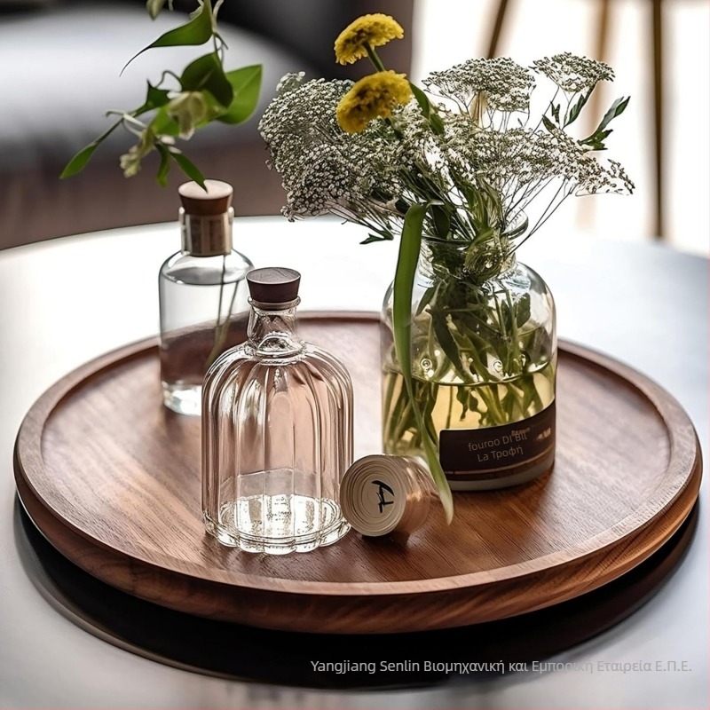 Ξύλινος κυκλικός δίσκος για τσάι και σνακ, μοντέρνου απλού στυλ, μονόχρωμο σχέδιο.