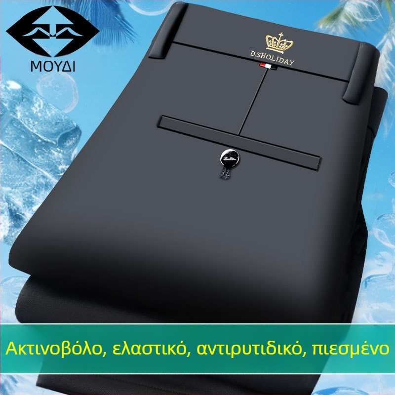 Ανδρικά παντελόνια business casual ίσια γραμμή, με φλίς επένδυση, ελαστικά, υψηλή μέση, φερμουάρ, χειμερινά, χωρίς σιδέρωμα
