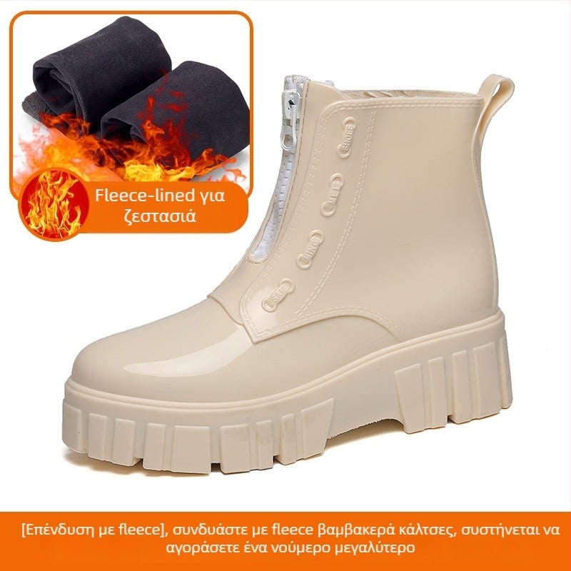 Γυναικείες γαλότσες βροχής μεσαίου ύψους, παχιά σόλα, PVC επάνω μέρος, μεσαίο τακούνι 3–5 cm, μονόχρωμες, κατάλληλες για άνοιξη, φθινόπωρο και χειμώνα