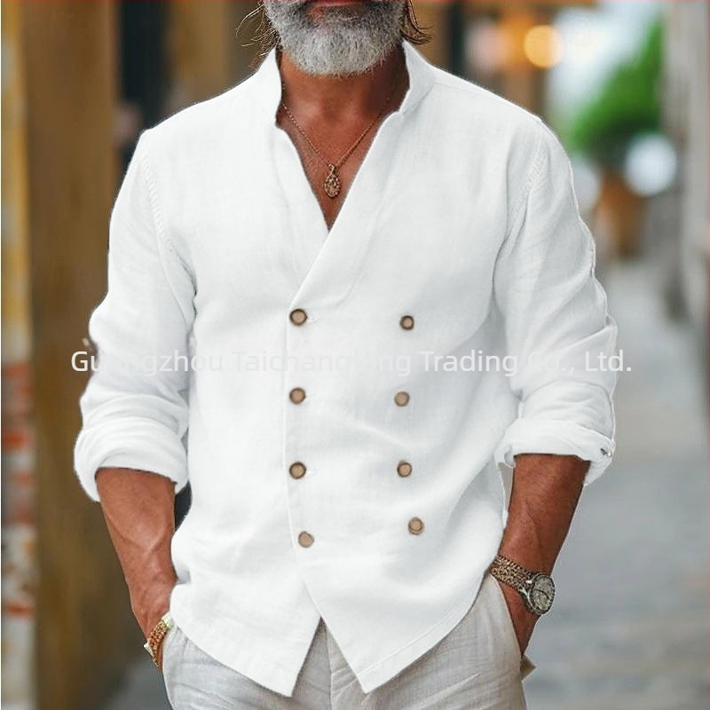 Ανδρικό πουκάμισο από μίγμα βαμβακιού, με σταθερό γιακά, μακριά μανίκια, μονόχρωμο, χαλαρή γραμμή για άνοιξη-φθινόπωρο