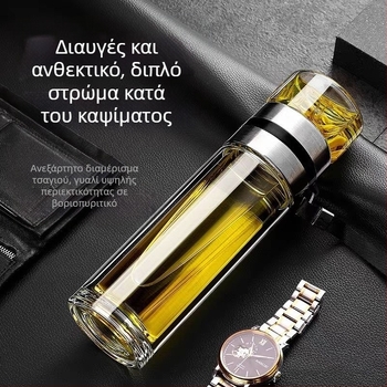 Παχύ γυάλινο κύπελλο τσαγιού με διαχωρισμό τσαγιού και νερού, διαφανής φορητός κύπελλος με μόνωση κενού και λαβή, επαγγελματικό ποτήρι γραφείου