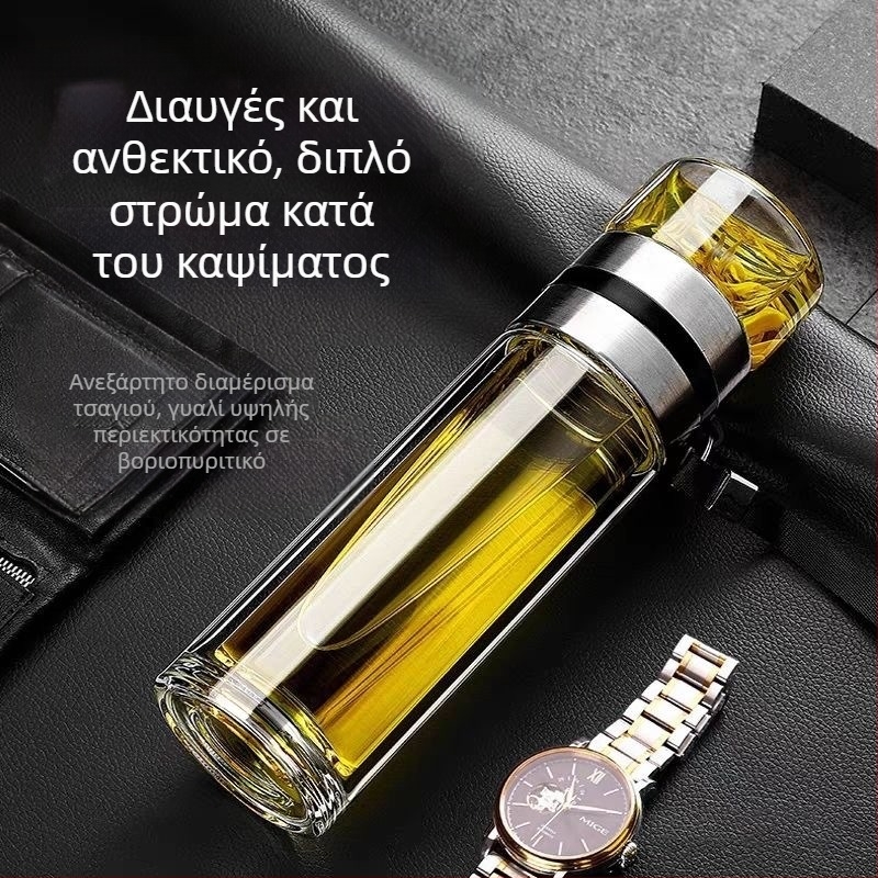 Παχύ γυάλινο κύπελλο τσαγιού με διαχωρισμό τσαγιού και νερού, διαφανής φορητός κύπελλος με μόνωση κενού και λαβή, επαγγελματικό ποτήρι γραφείου