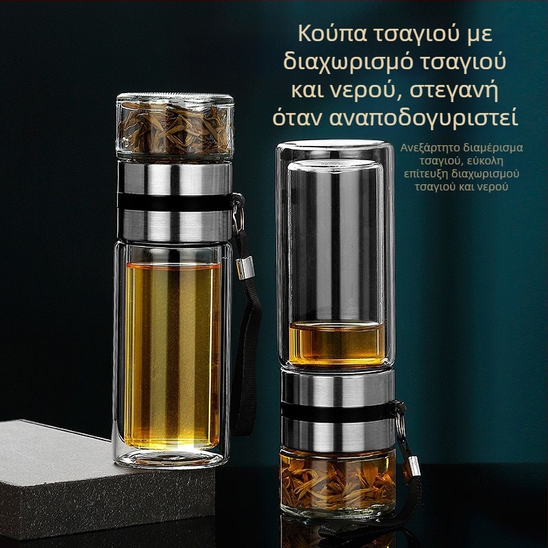 Παχύ γυάλινο κύπελλο τσαγιού με διαχωρισμό τσαγιού και νερού, διαφανής φορητός κύπελλος με μόνωση κενού και λαβή, επαγγελματικό ποτήρι γραφείου