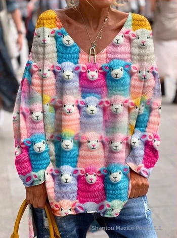 Γυναικείο πουλόβερ με V-λαιμό, ζωικό μοτίβο, πολυεστέρας, μέτριο πάχος, χαλαρή γραμμή, Φθινόπωρο 2024