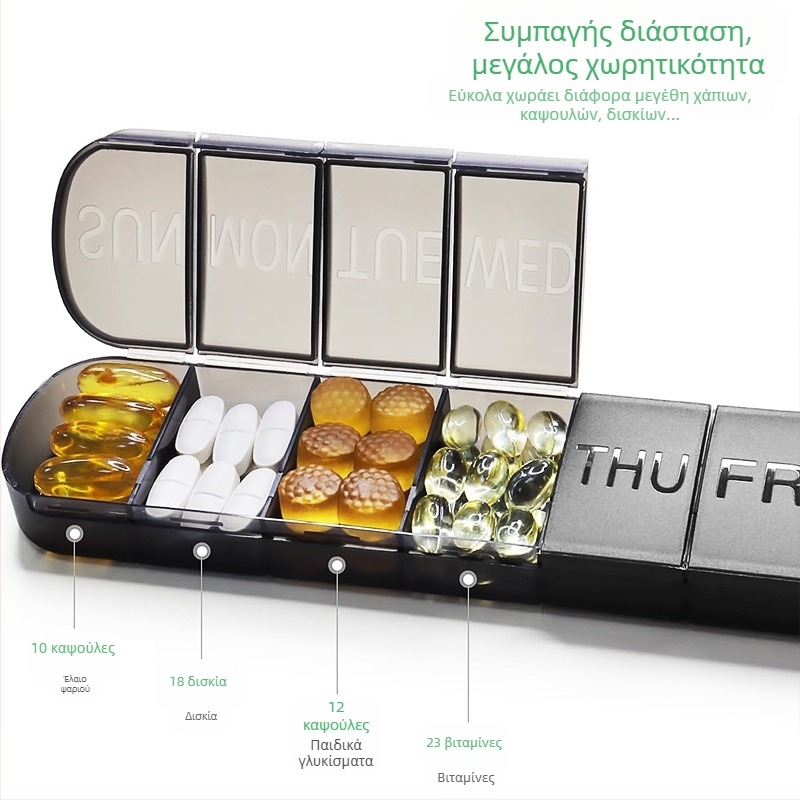 Φορητή πλαστική θήκη χαπιών με 7 διαμερίσματα, Μοντέλο 361, εκτύπωση λογότυπου