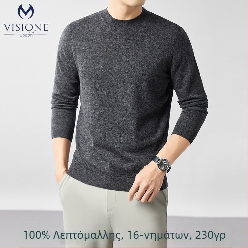 Ανδρικός πουλόβερ από 100% worsted μαλλί, στρογγυλός λαιμός, μακριά μανίκια, εφαρμοστός τύπος, μεσαίο μήκος 65-80 cm