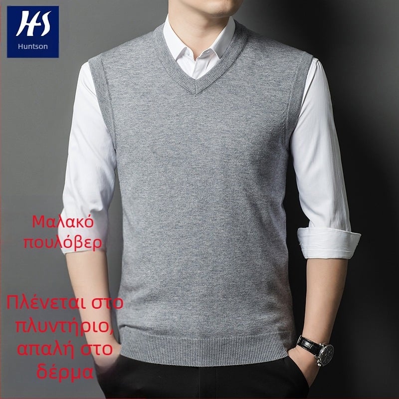 Ανδρικό γιλέκο μαλλιού με V-λαιμό, χωρίς μανίκια, παχύ μαλλί, 30–35% γούνες κουνελιού, ραβδωτό τελείωμα, φθινοπωρινό/χειμερινό 2024