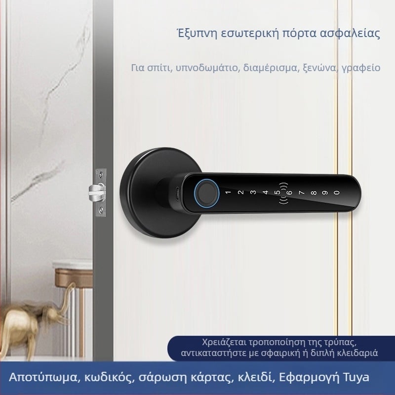 Έξυπνο κλείδωμα πόρτας εσωτερικών θυρών SS-DZL με βιομετρικό αποτύπωμα, κωδικό πρόσβασης και κλειδί; αποθήκευση 100 αποτυπωμάτων, >100000 κύκλοι ξεκλειδώματος, σάρωση <0,5 s, τροφοδοσία DC, εύρος λειτουργίας -10°C έως 60°C