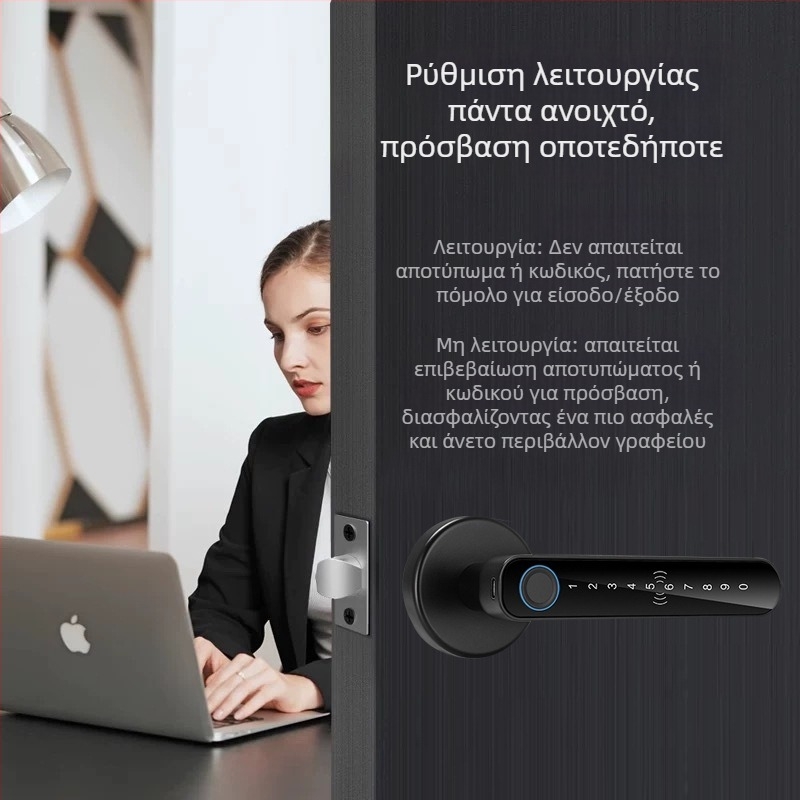 Έξυπνο κλείδωμα πόρτας εσωτερικών θυρών SS-DZL με βιομετρικό αποτύπωμα, κωδικό πρόσβασης και κλειδί; αποθήκευση 100 αποτυπωμάτων, >100000 κύκλοι ξεκλειδώματος, σάρωση <0,5 s, τροφοδοσία DC, εύρος λειτουργίας -10°C έως 60°C