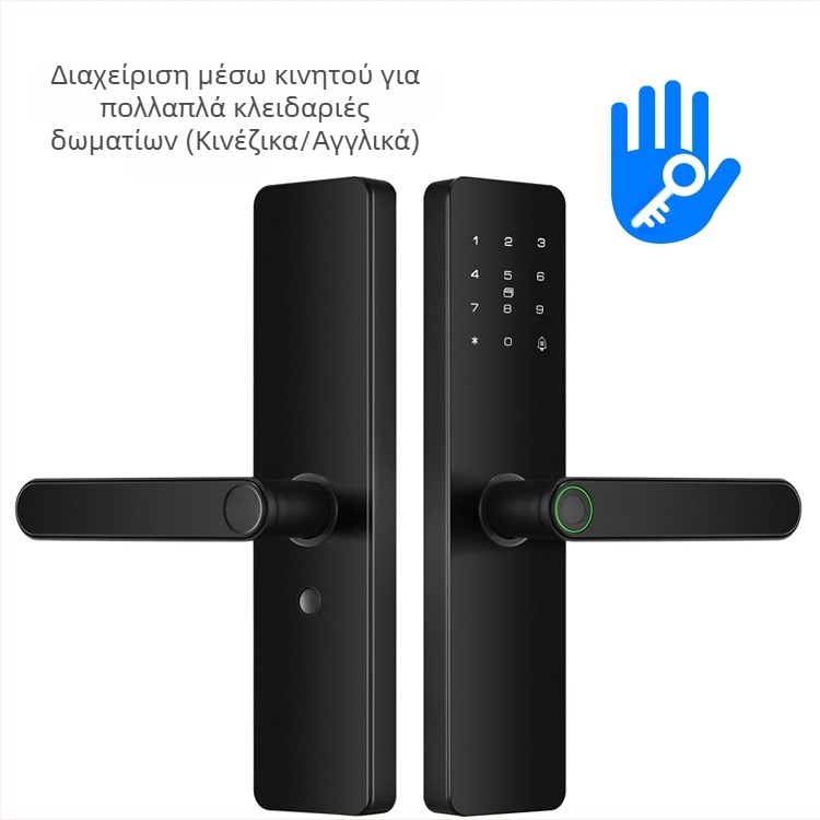 Έξυπνο ηλεκτρονικό κλείδωμα πόρτας για εσωτερικές ξύλινες πόρτες με δακτυλικό αποτύπωμα, ανάγνωση παλάμης, κωδικό, αναγνώριση προσώπου και εξ αποστάσεως ξεκλείδωμα· πάνελ από κράμα αλουμινίου