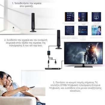 Deweima HDTV-T2 Ψηφιακή κεραία τηλεόρασης με ρυθμιζόμενη ενίσχυση και αντίσταση 50 Ω