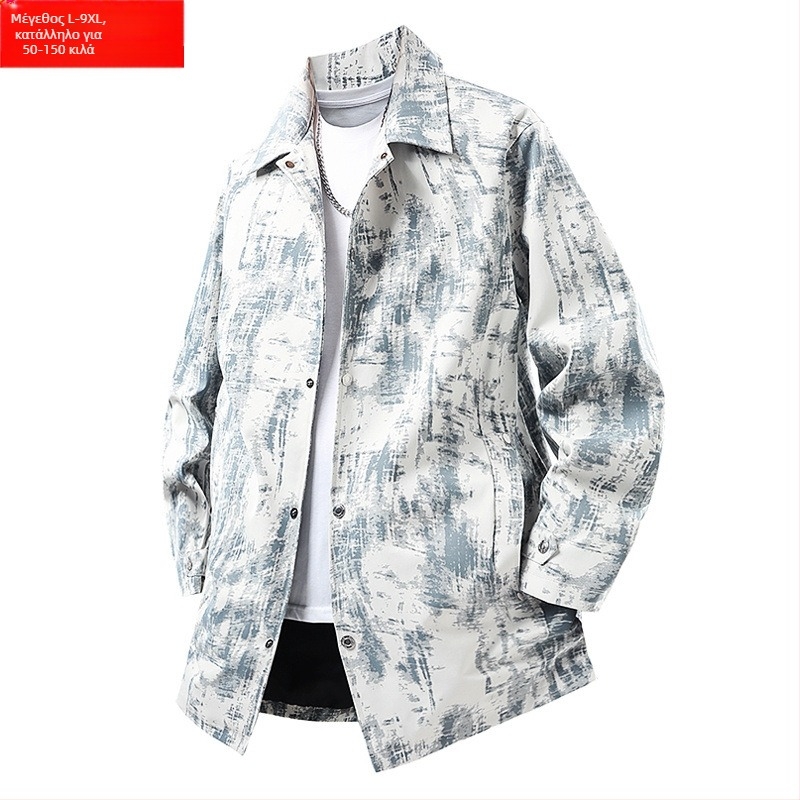 Ανδρικό παλτό με καμουφλάζ, ελεύθερη γραμμή, μεσαίο μήκος 65–80 εκ, γιακάς turn-down, μπροστινό κλείσιμο με μία σειρά κουμπιών, επένδυση πολυεστερ, ύφασμα πολυεστέρας, στυλ Hong Kong