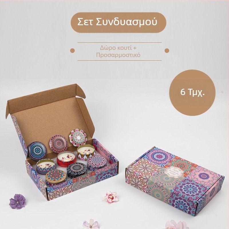 Κουτί δώρου με αρωματικά κεριά Jie Sheng Aromatherapy — κεριά από κερί σόγιας σε σχήμα κύπελλου, χειροποίητα και ρίχνονται με χειροποίητη τεχνική, με λογότυπο πάνω στην κονσέρβα