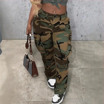 Εργατικά παντελόνια με υψηλή μέση, ίσια γραμμή, σε ευρω-αμερικανικό στυλ patchwork καμουφλάζ, πολυεστέρας 95%+, μακριά