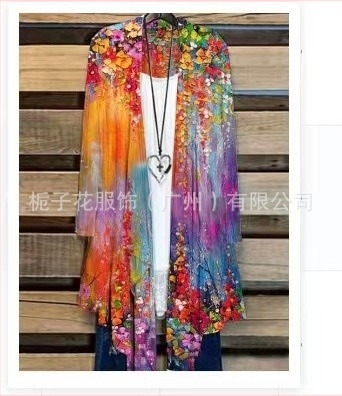 Γυναικείο μακρυμάνικο πουκάμισο με εκτύπωση, μακριά γραμμή, γούνινο γιακά, πολυεστέρας